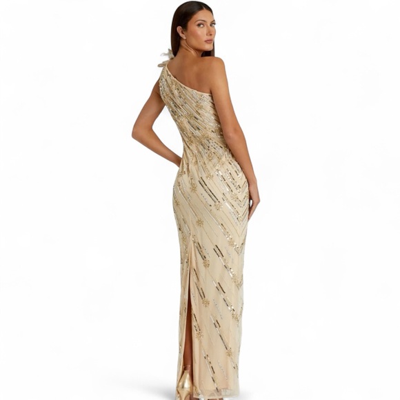 MAC DUGGAL Gold Embellished Floral Detail One Shoulder Gown Sz 12 - Picture 3 of 6